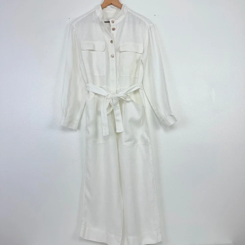 Banana Republic Utility Jumpsuit Womens S White Linen Blend Belted Wide Leg